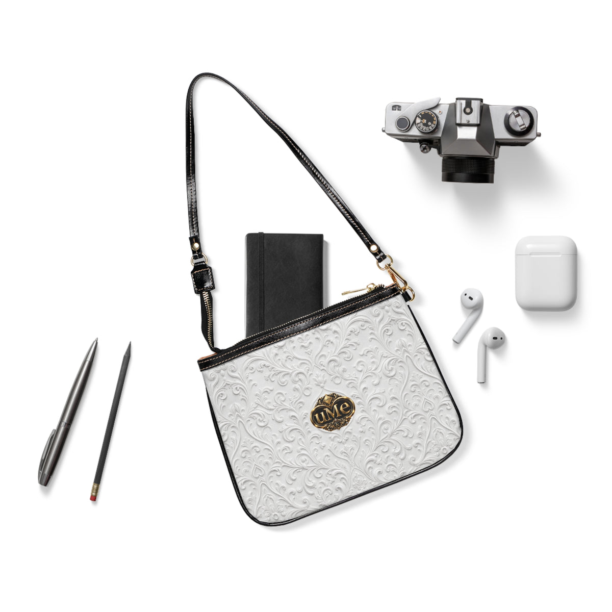 White UME Gold Crest Small Shoulder Bag — Faux Leather