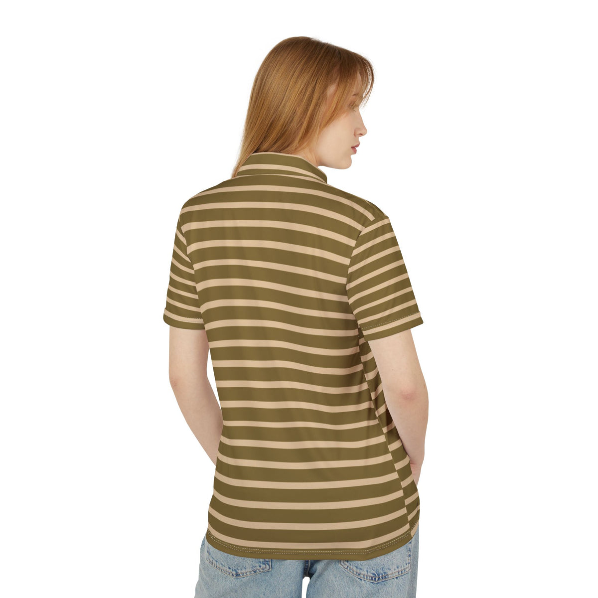 Olive & Khaki Striped Performance Polo Shirt — All-Over Print