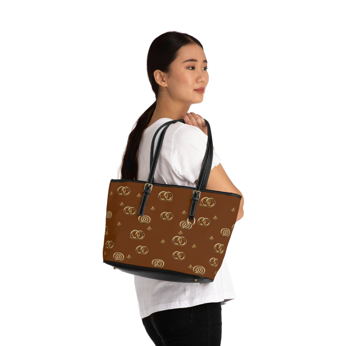 PU Leather Shoulder Bag — Dark Orange Gold Emblem Tote
