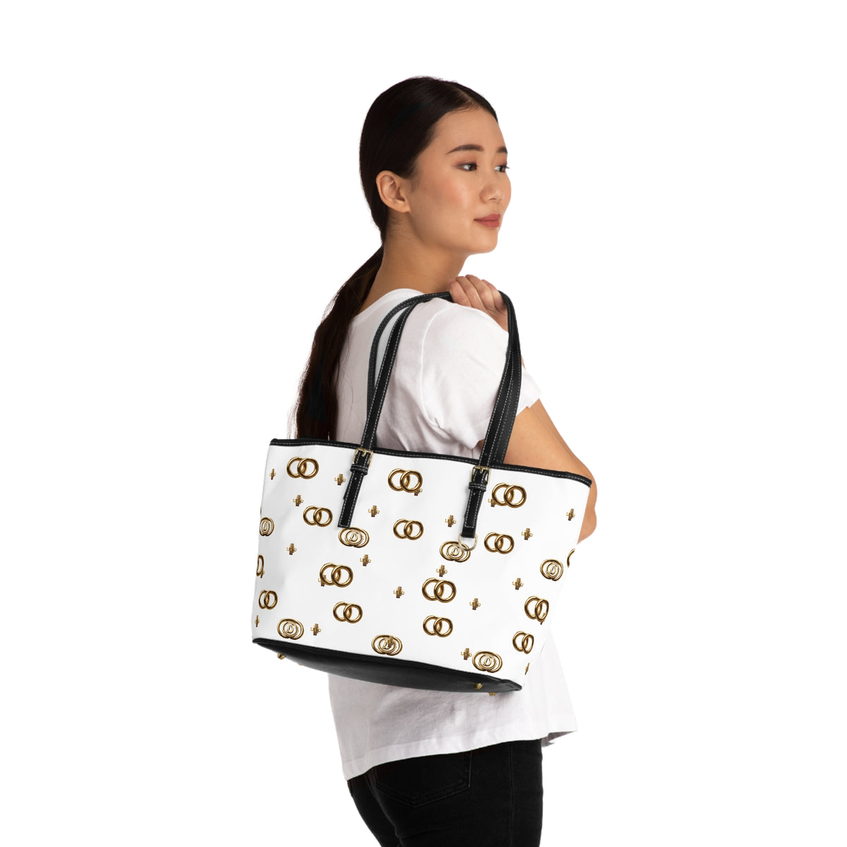 PU Leather Shoulder Bag — White Gold Emblem Tote