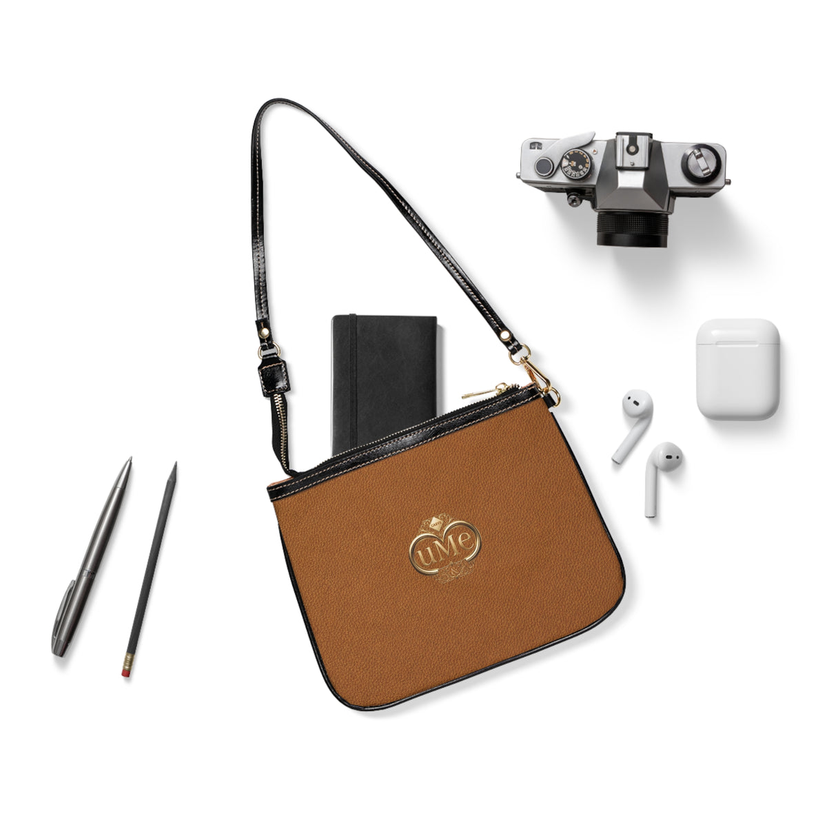 Brown Leatherette Small Shoulder Bag — Minimalist Shoulder Purse with Gold Emblem