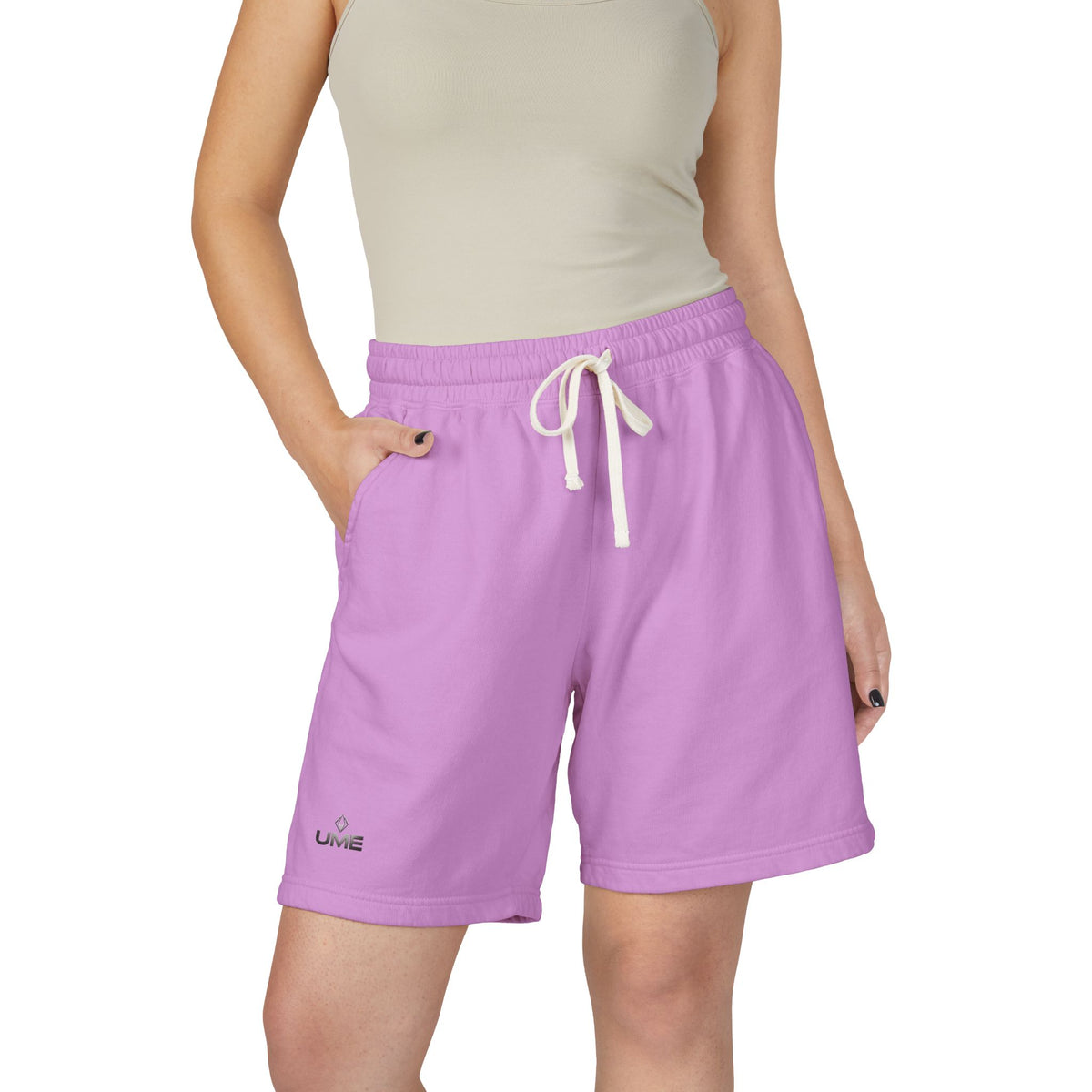 Fleece Sweat Shorts — Garment-Dyed UME Dark Grey Logo All-Over Print