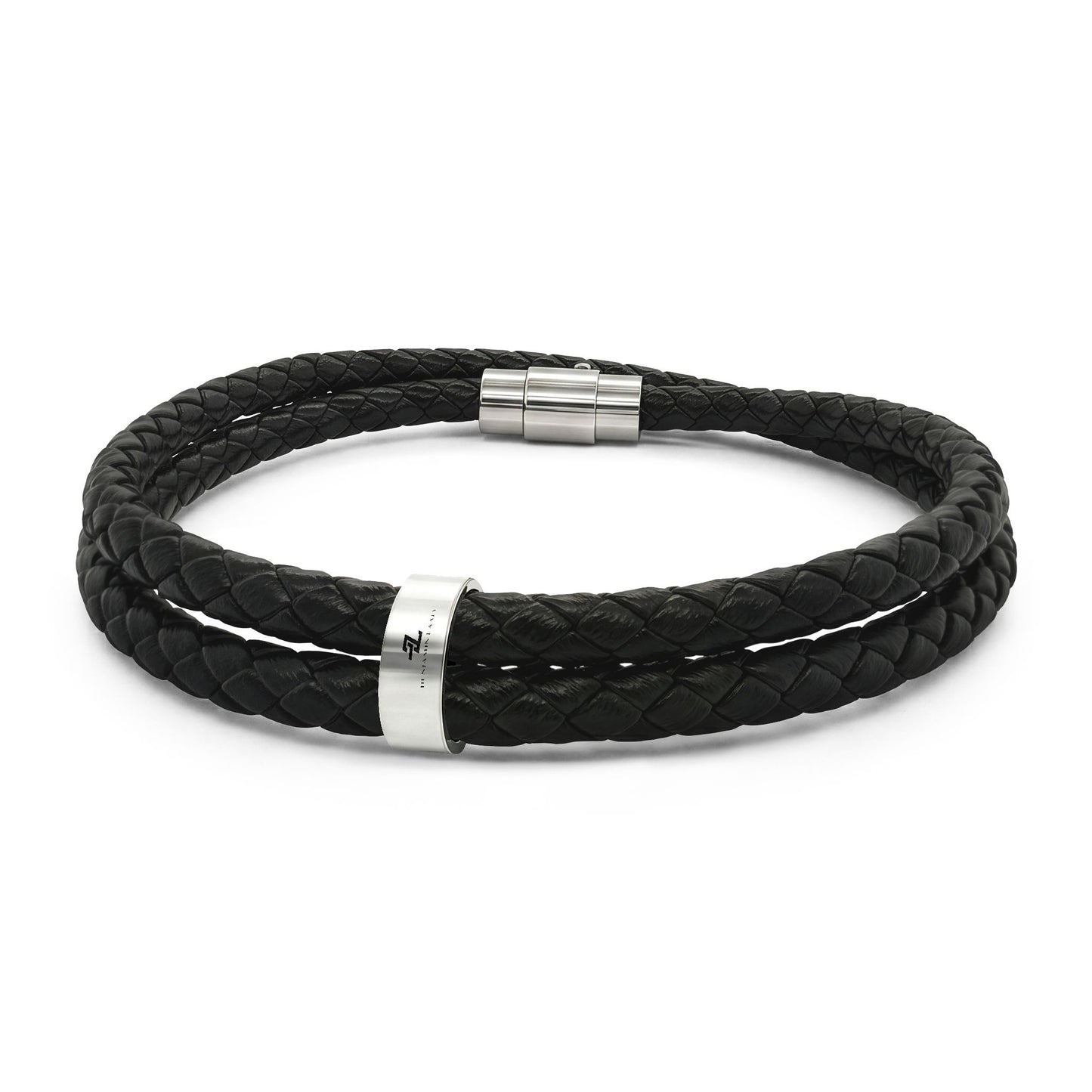 Engravable Black Braided Leather Bracelet with Stainless Bead