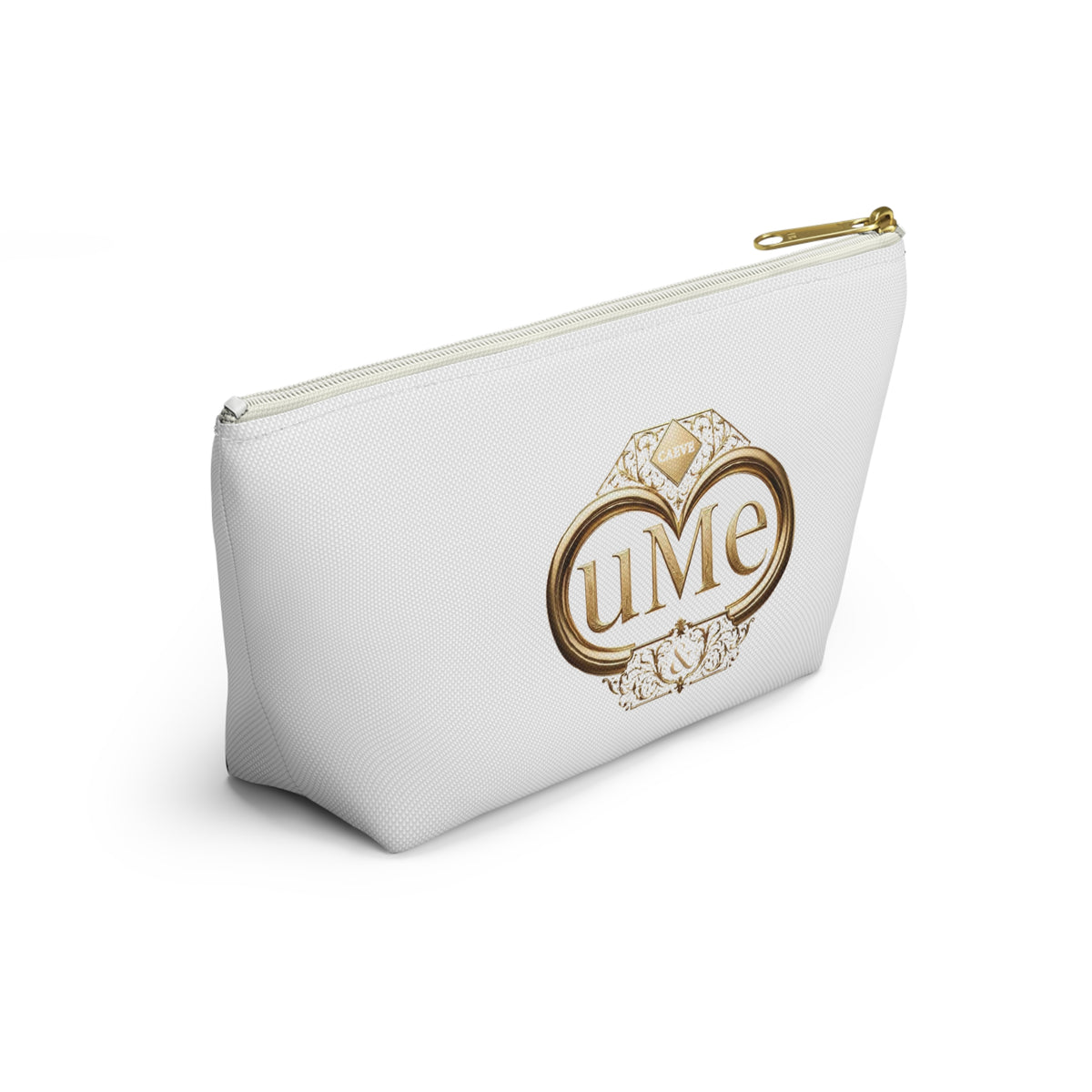 Accessory Pouch โ White Elegant Gold Monogram 'uMe' Cosmetic Bag