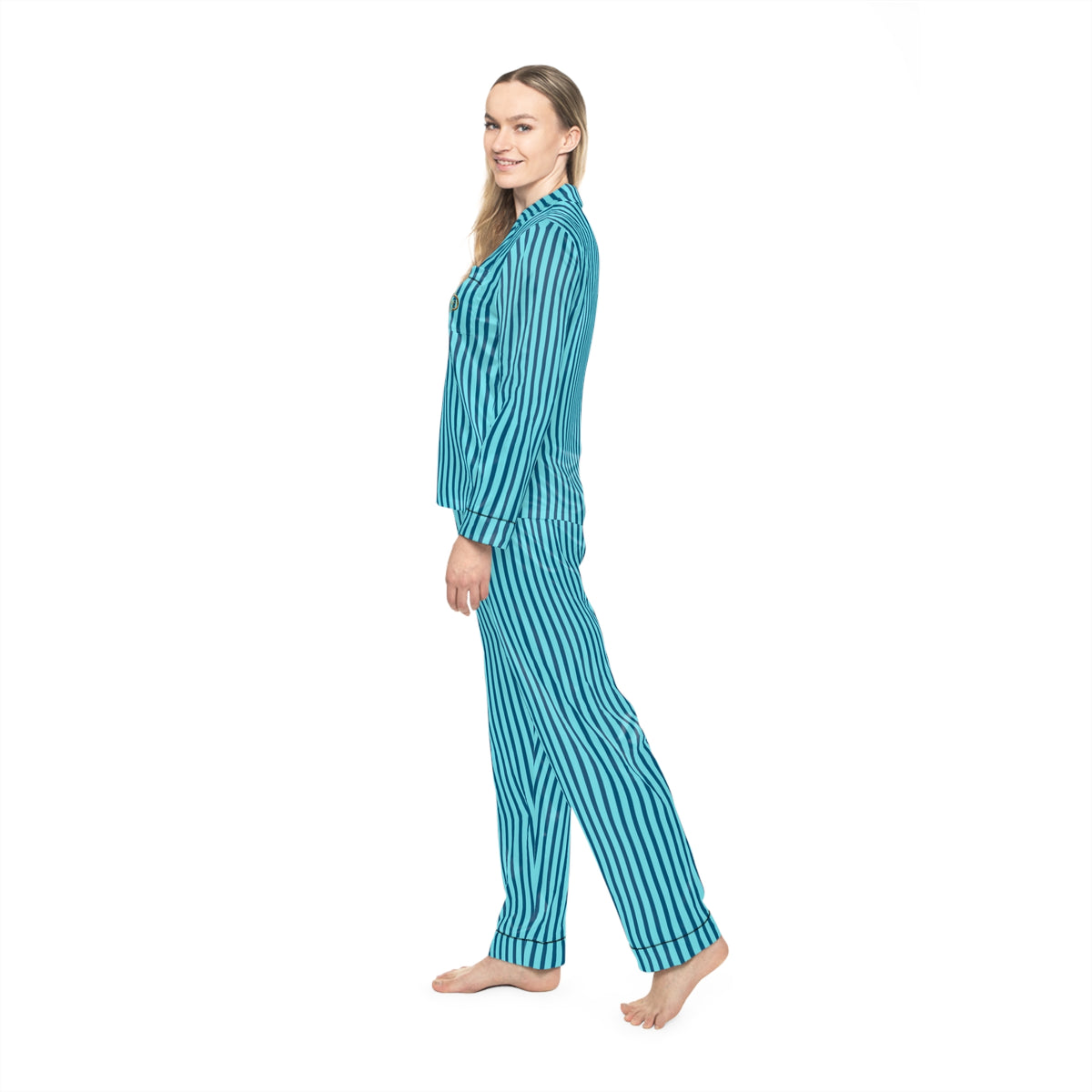 UME Striped Satin Women's Pajama Set — Aqua All-Over Print