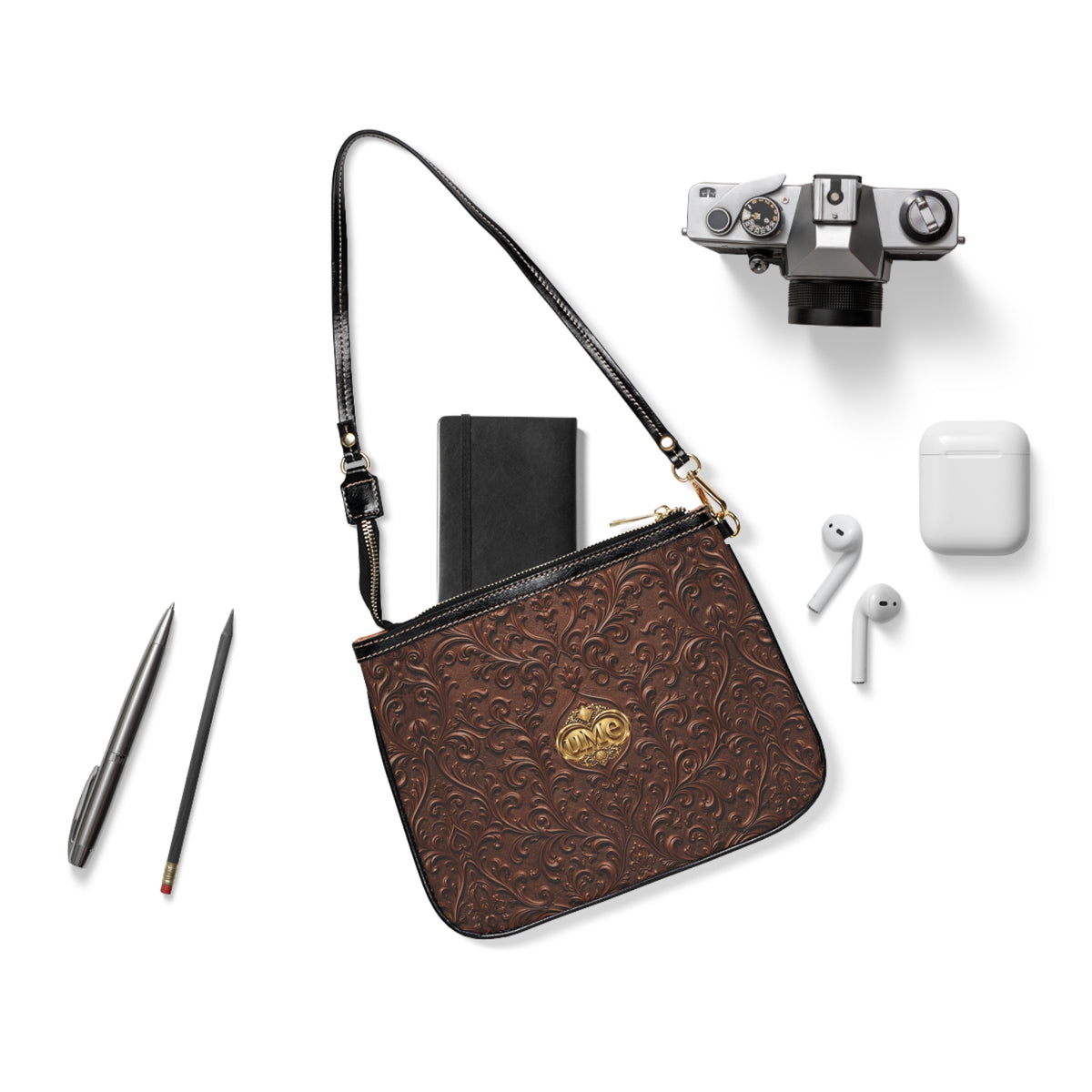 Brown UME Gold Crest Small Shoulder Bag — Scroll Print Faux Leather