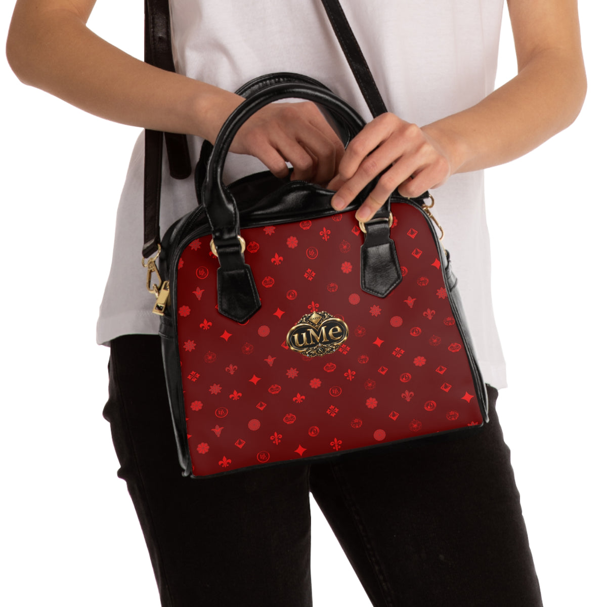 Red UME Monogram Shoulder Handbag — All-Over Print with Gold Crest