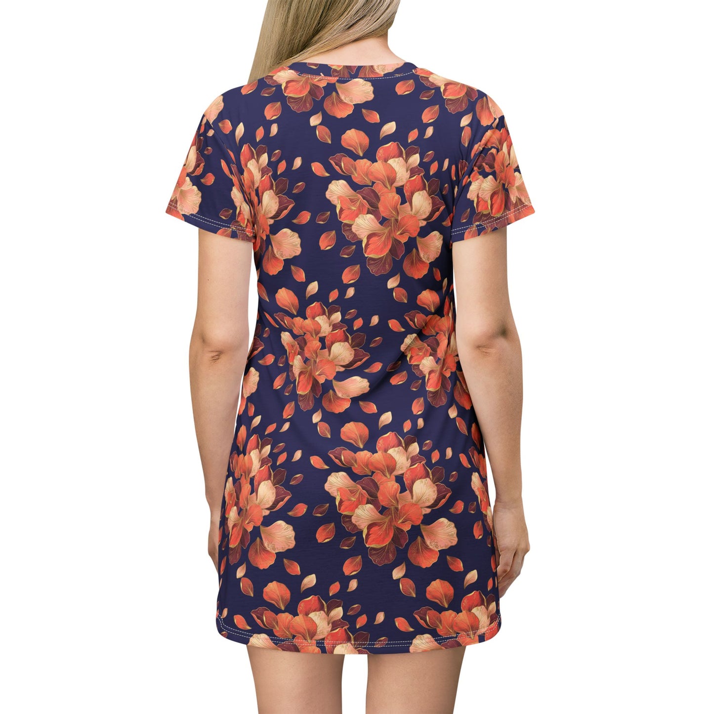 Floral AOP T-Shirt Dress — Navy Orange Watercolor Blossom Print