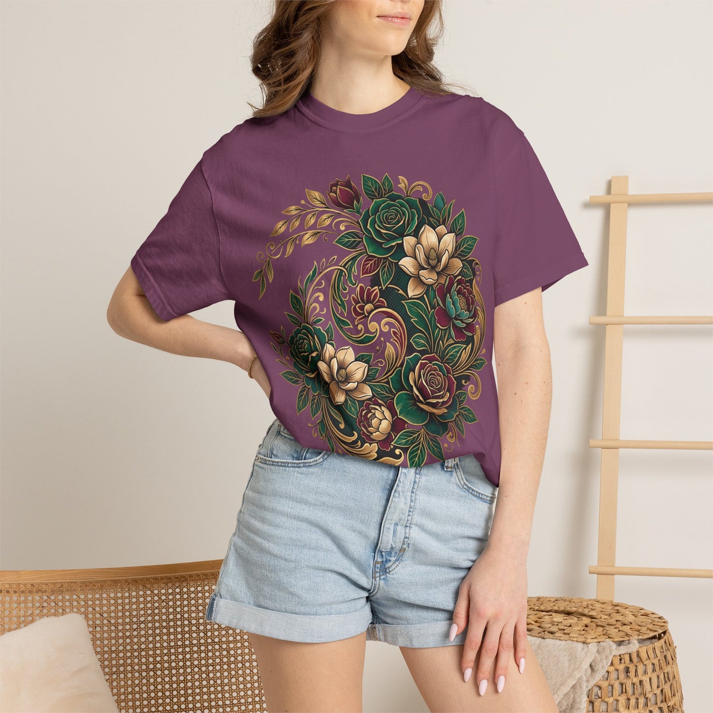 Floral Yin Yang T-Shirt — Vintage Green & Gold Rose Graphic Tee