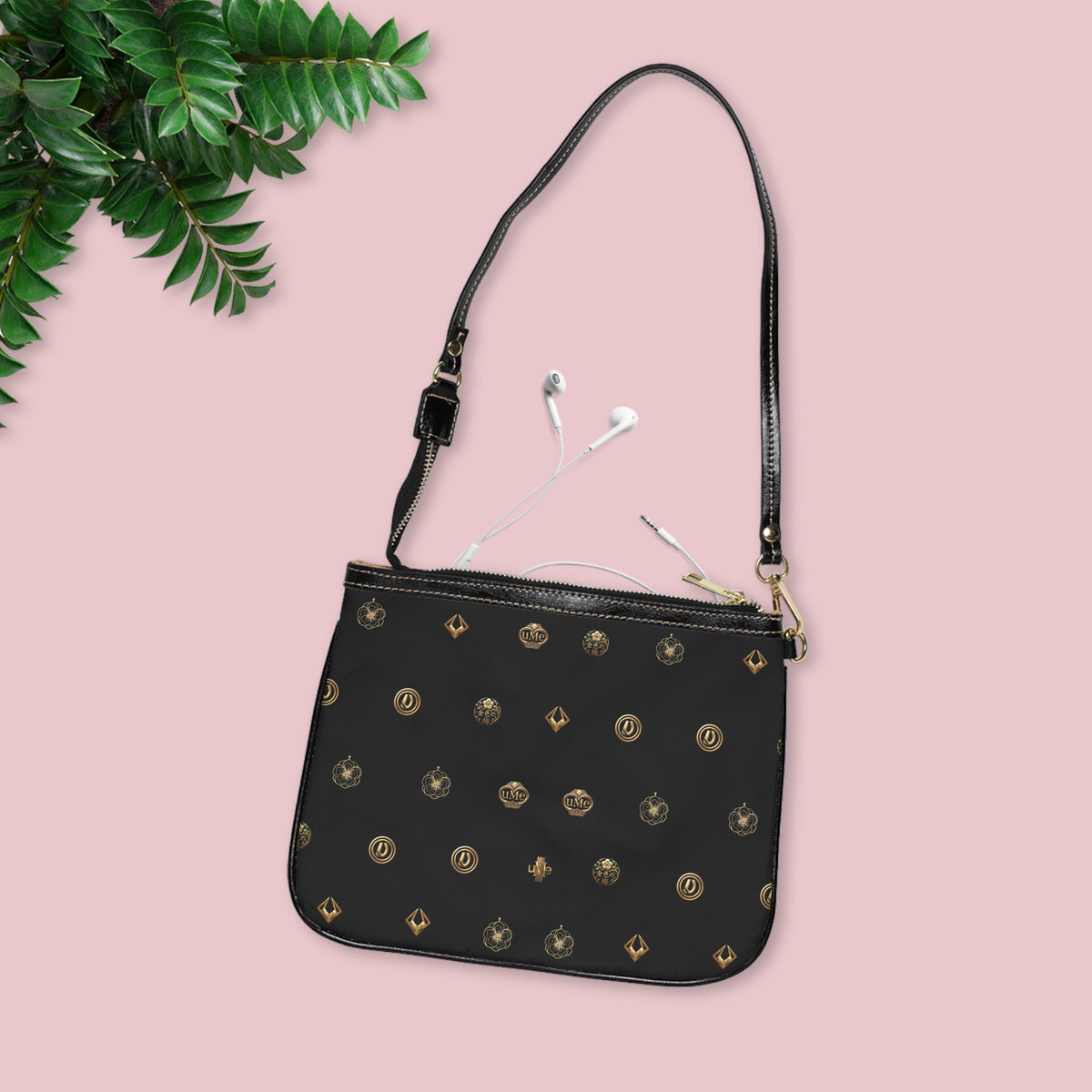 Black Monogram Small Shoulder Bag – Gold Emblem Print PU Leather Purse