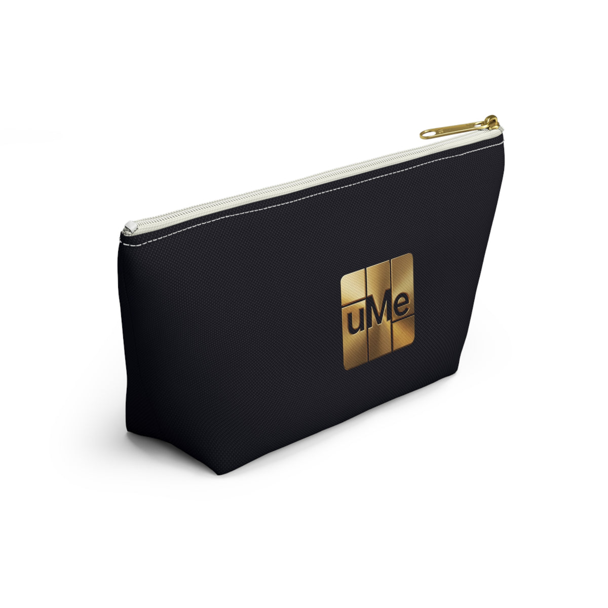 Gold uMe Logo Accessory Pouch — Black T‑Bottom Makeup & Travel Organizer