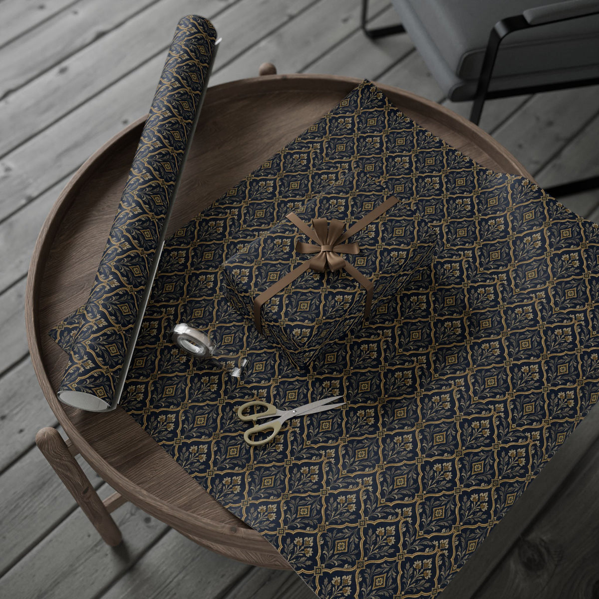 Lux Navy & Gold Damask Wrapping Paper Roll — Elegant Gift Wrap for Weddings, Anniversaries & Holidays