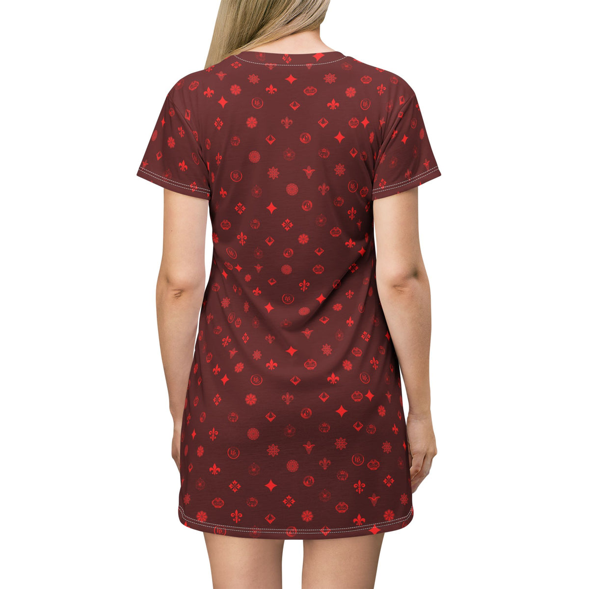 T-Shirt Dress — Burgundy Red Ornamental Motif All-Over Print