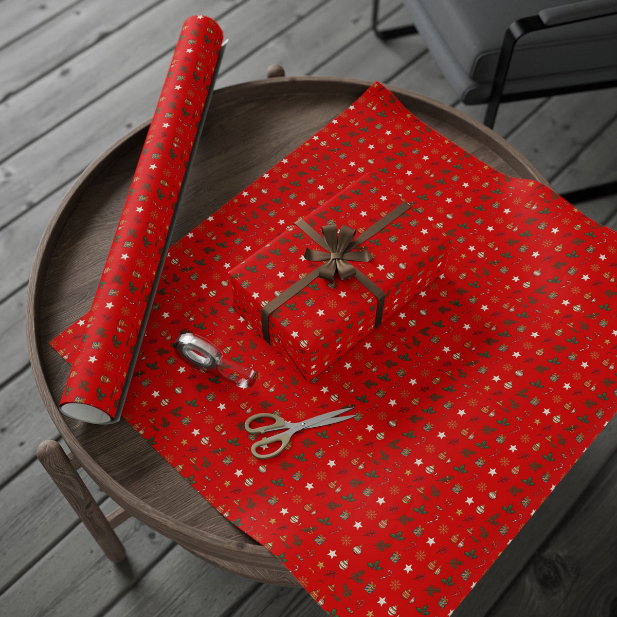 Christmas Wrapping Paper Roll — Red Holiday Ornaments Pattern