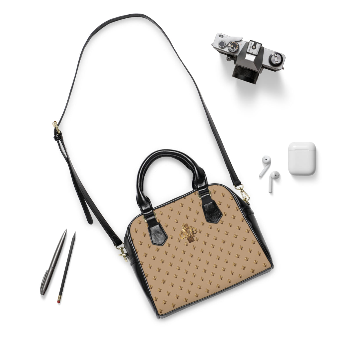 Beige Shoulder Handbag — Faux Leather Tote with Gold uMe Cross Logo