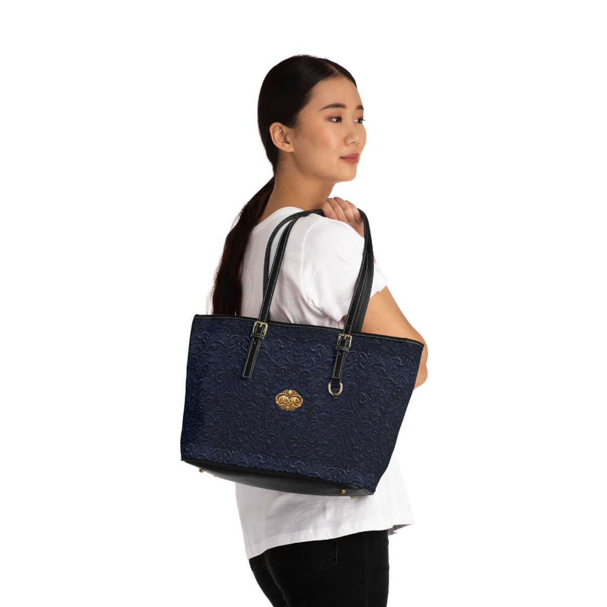 Navy UME Gold Crest Shoulder Tote β PU Faux Leather Scroll Print
