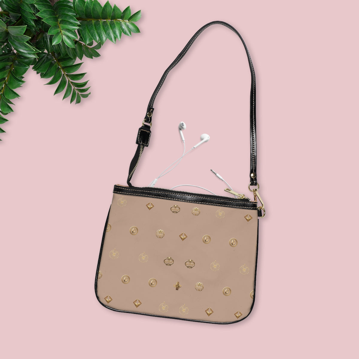 Taupe Monogram Small Shoulder Bag – Gold Emblem Print PU Leather Purse