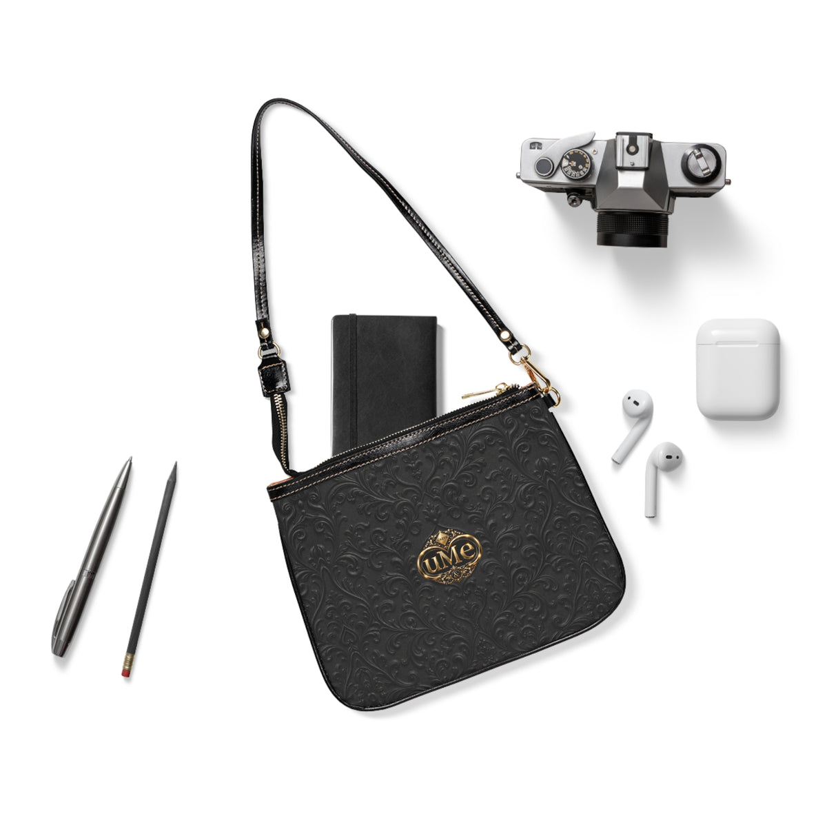 Small Embossed Black Shoulder Bag with Gold "uMe" Monogram