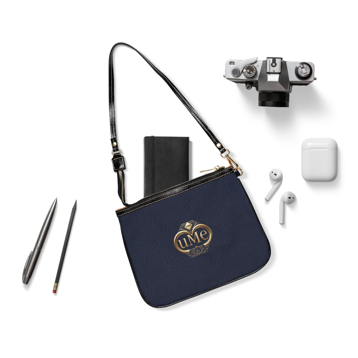 Navy Small Shoulder Bag with Gold 'uMe' Emblem — Elegant Everyday Shoulder Bag