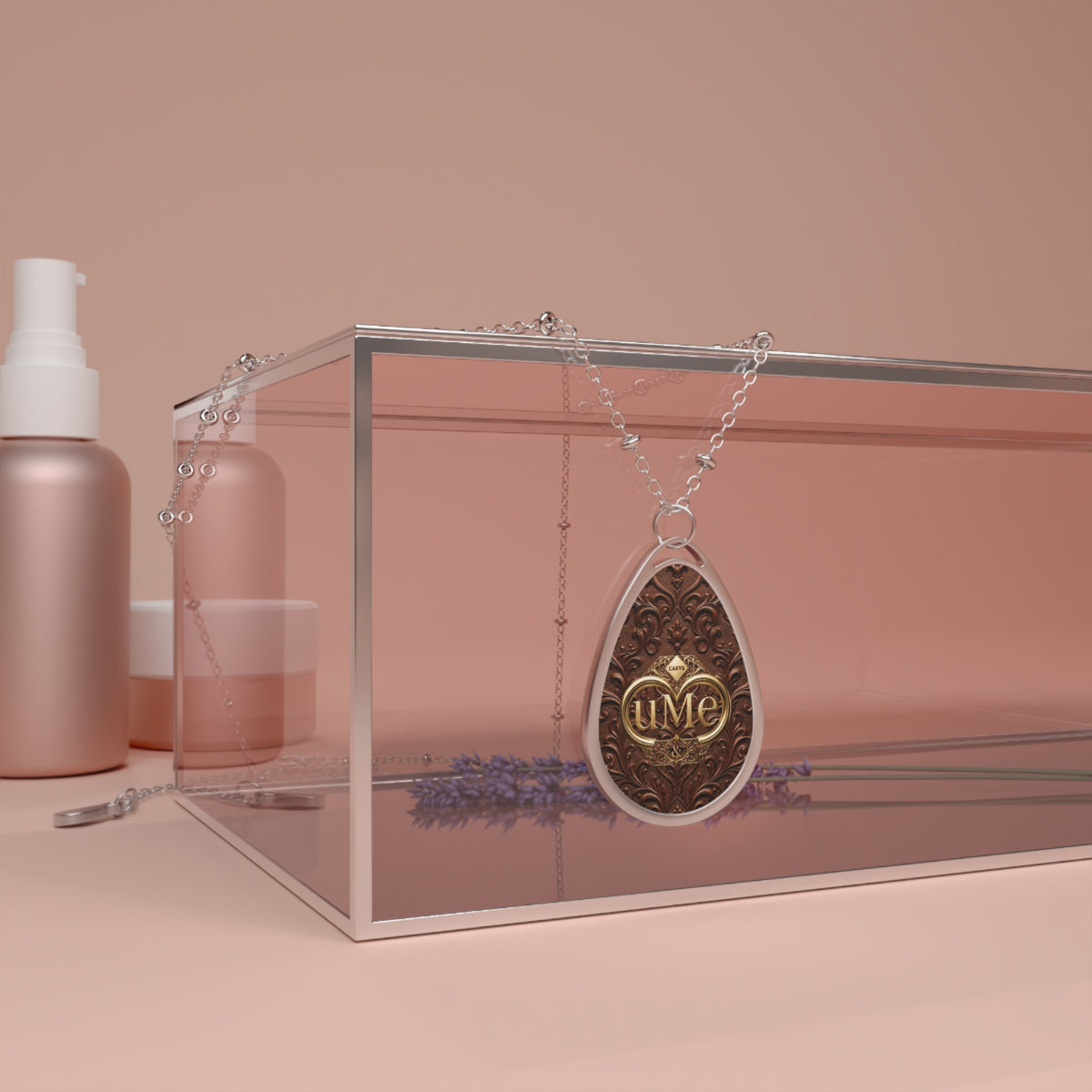Brown UME Teardrop Pendant Necklace — Silver-Colored Frame & Scroll Print