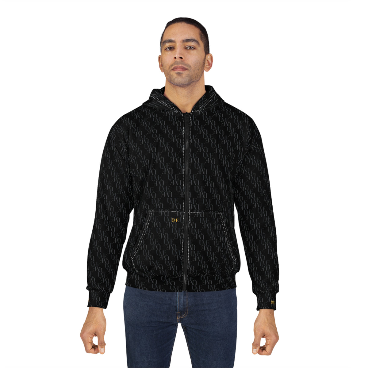 Black Textured Zip Hoodie — Black Monogram All-Over Print