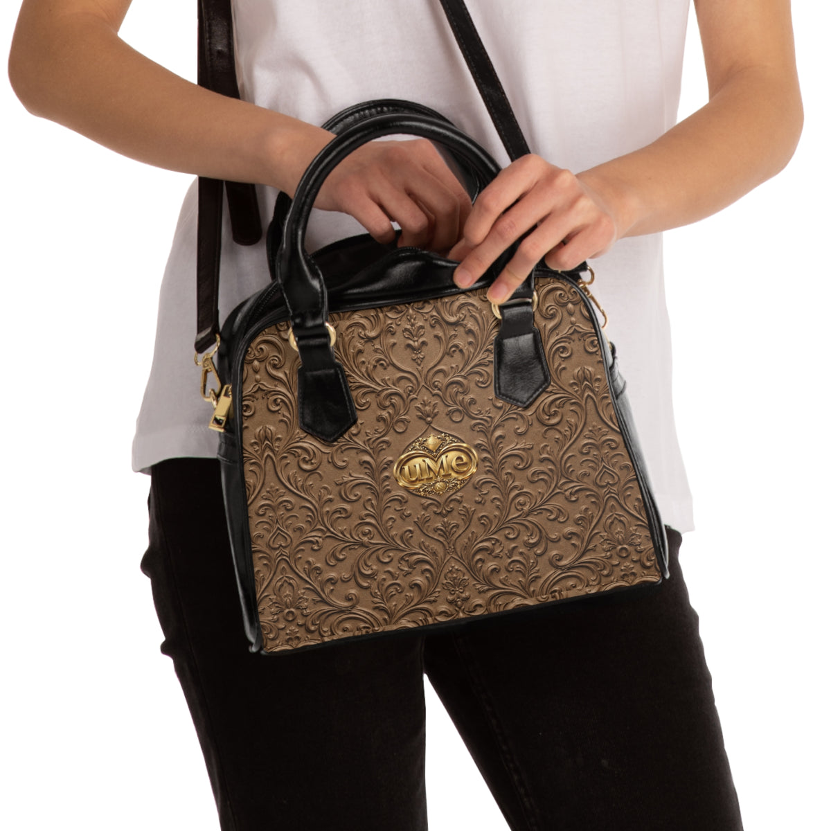 Brown UME Gold Crest Shoulder Handbag — Faux Leather Scroll Print
