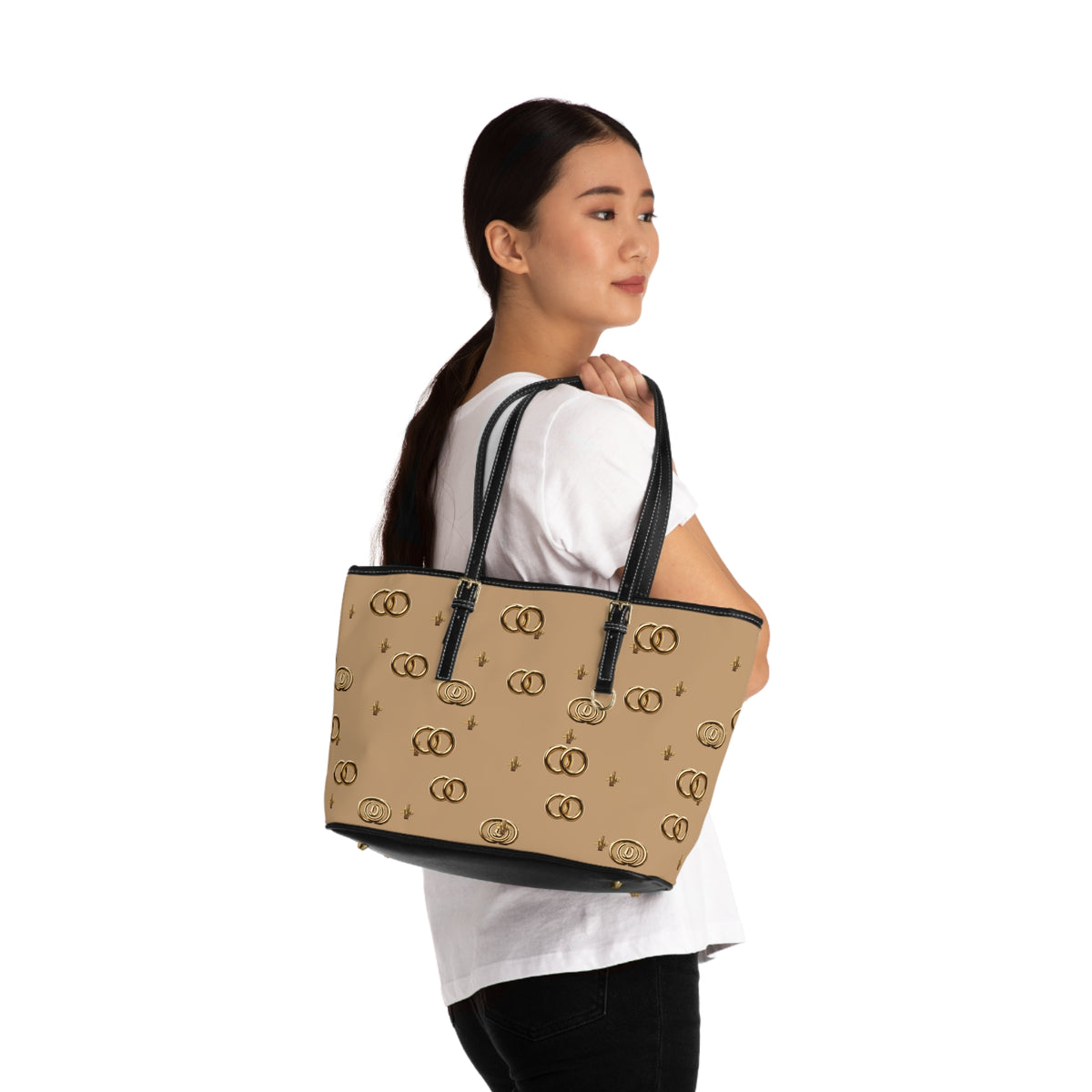 PU Leather Shoulder Bag — Beige Gold Emblem Tote