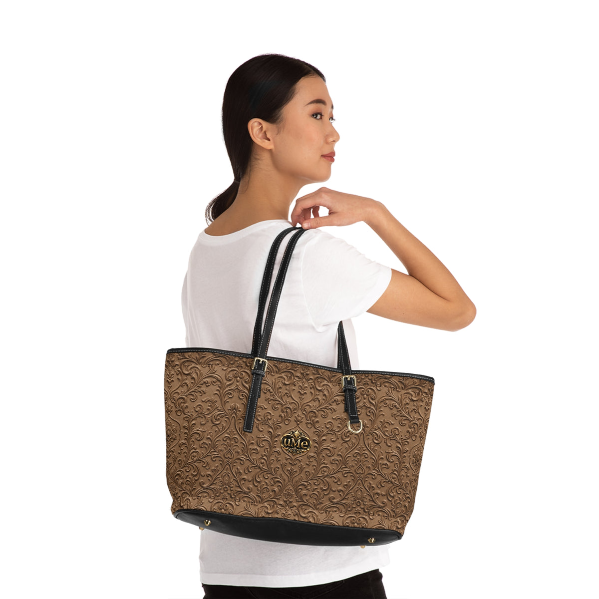 Brown UME Gold Crest Shoulder Tote — PU Faux Leather Scroll Print