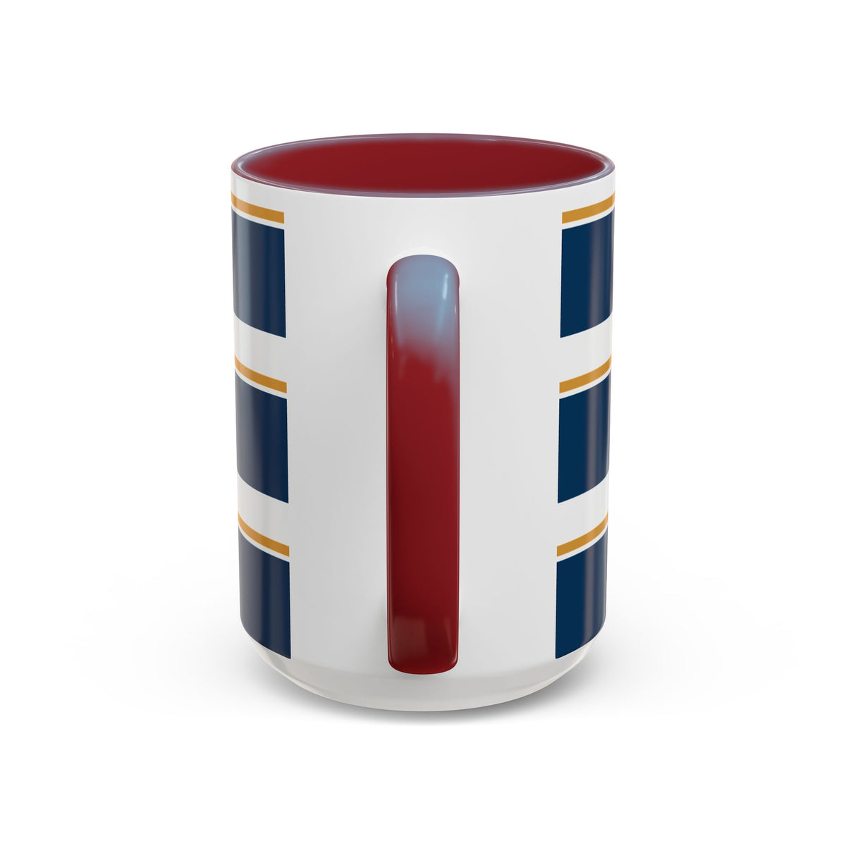 Navy and Gold Striped Accent Mug โ White Ceramic