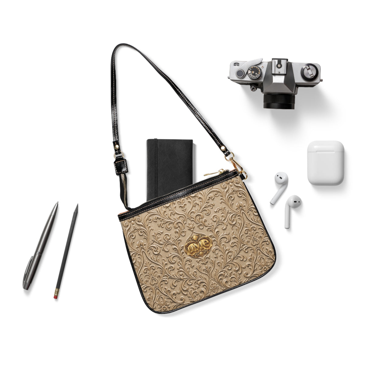 Beige UME Gold Scroll Small Shoulder Bag — Faux Leather