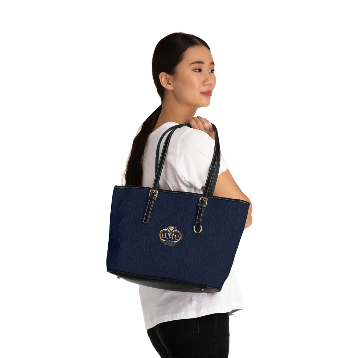 Navy PU Leather Shoulder Bag with Gold Crest Accent