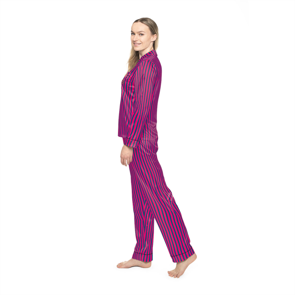UME Striped Satin Women's Pajama Set — Hot Pink All-Over Print