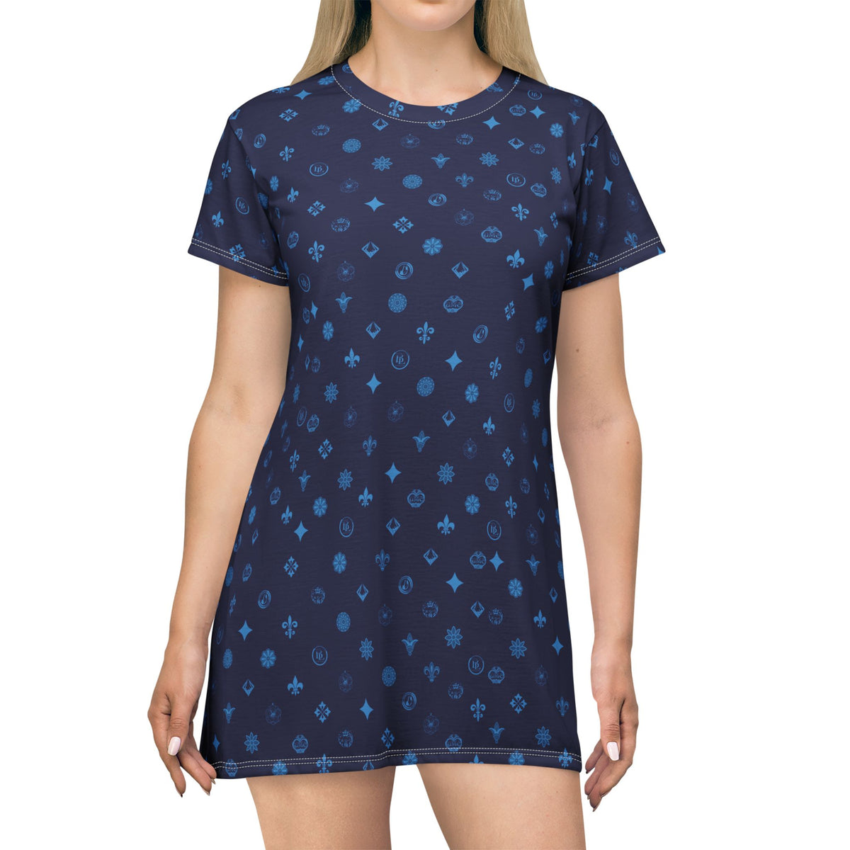 T-Shirt Dress — Navy Blue Ornamental Motif All-Over Print