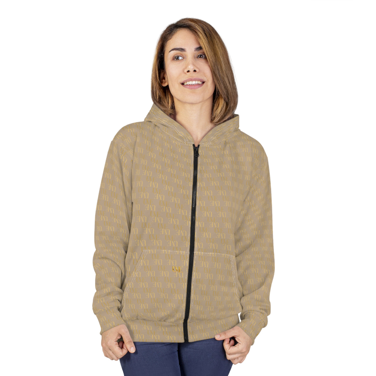 Gold Monogram Zip Hoodie — Beige All-Over Print