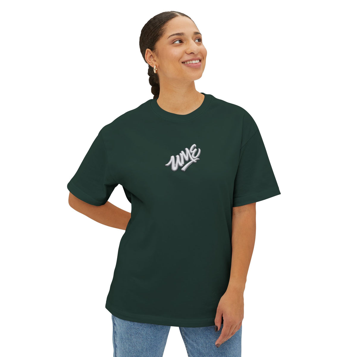 UME Script Logo Boxy Tee — White Oversized Graphic T-Shirt
