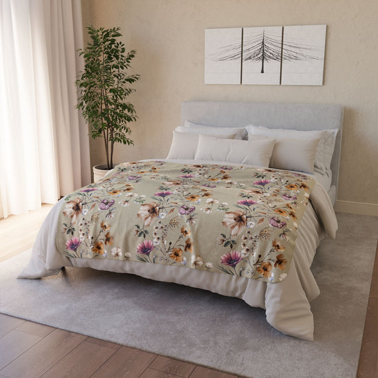 Wildflower Sherpa Blanket – Vintage Botanical Plush Fleece Throw in Sage & Neutrals