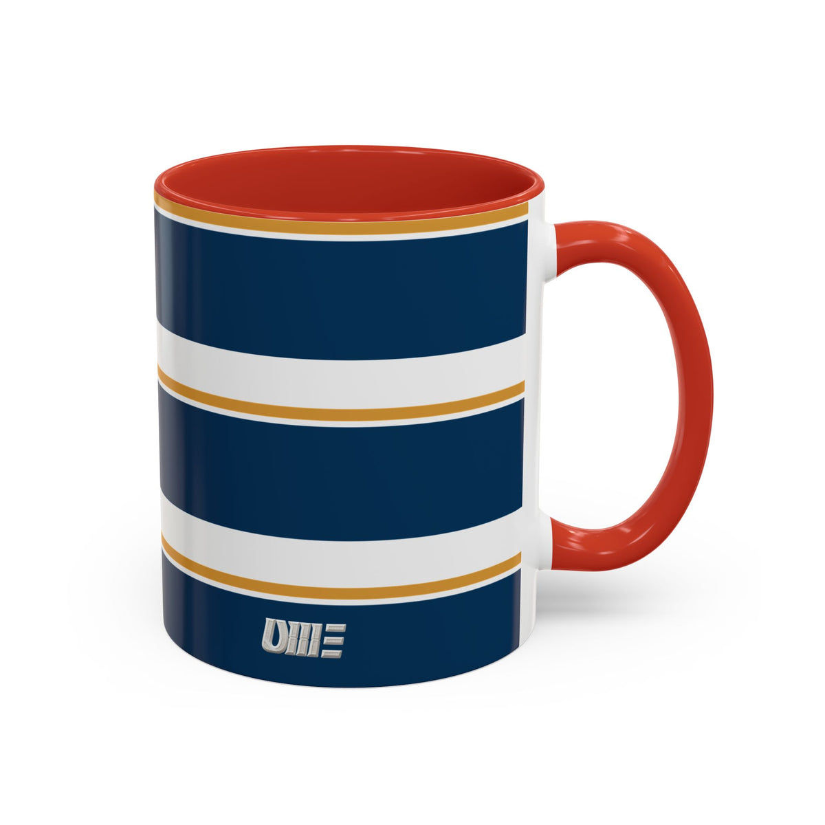 Navy and Gold Striped Accent Mug — White Ceramic