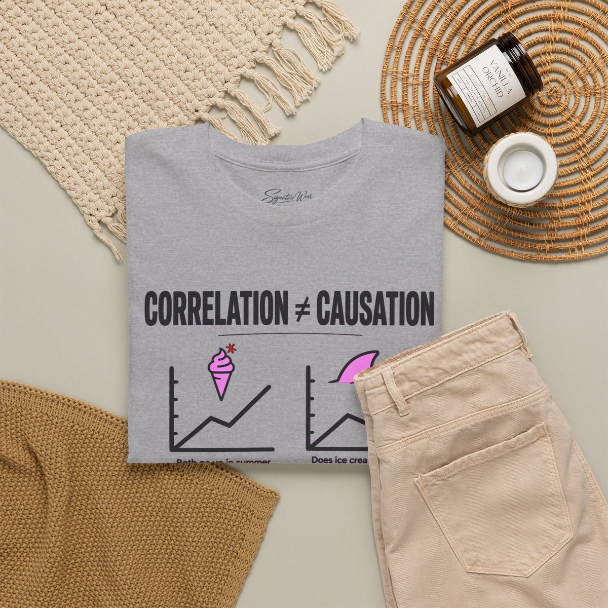 Correlation ≠ Causation Graphic Tee — White, Blue, Pink, Yellow & Neutral Bases