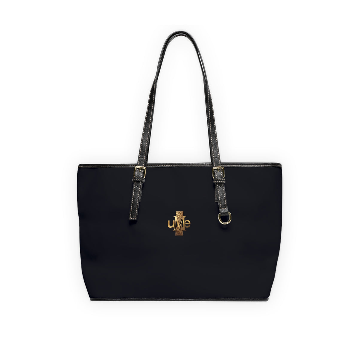 Black PU Leather Shoulder Bag with Gold Cross Logo — Elegant Tote for Everyday & Church