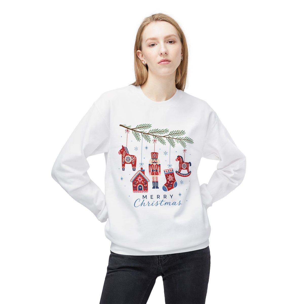 Merry Christmas Scandinavian Folk Art Crewneck Sweatshirt — White, Red & More
