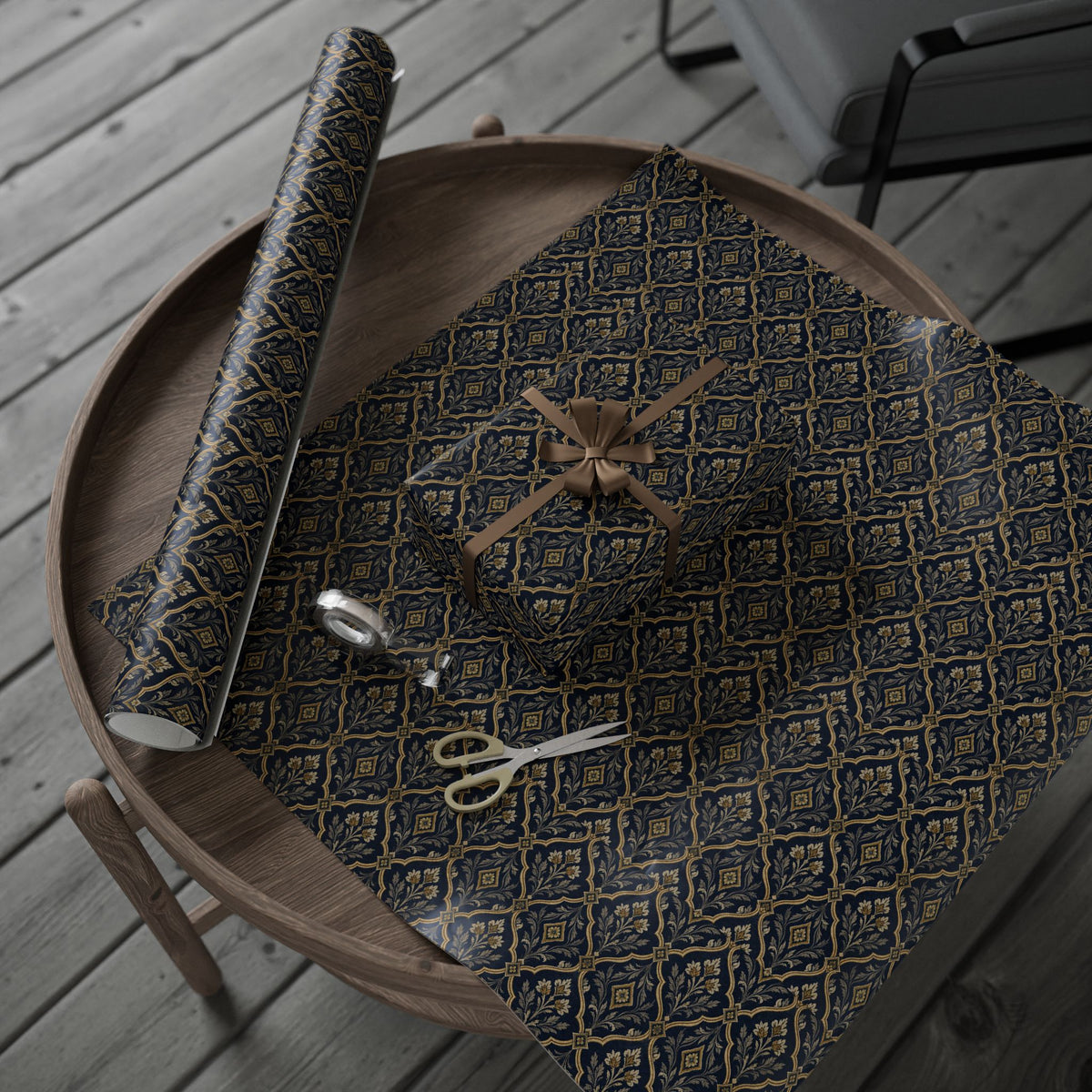 Lux Navy & Gold Damask Wrapping Paper Roll — Elegant Gift Wrap for Weddings, Anniversaries & Holidays