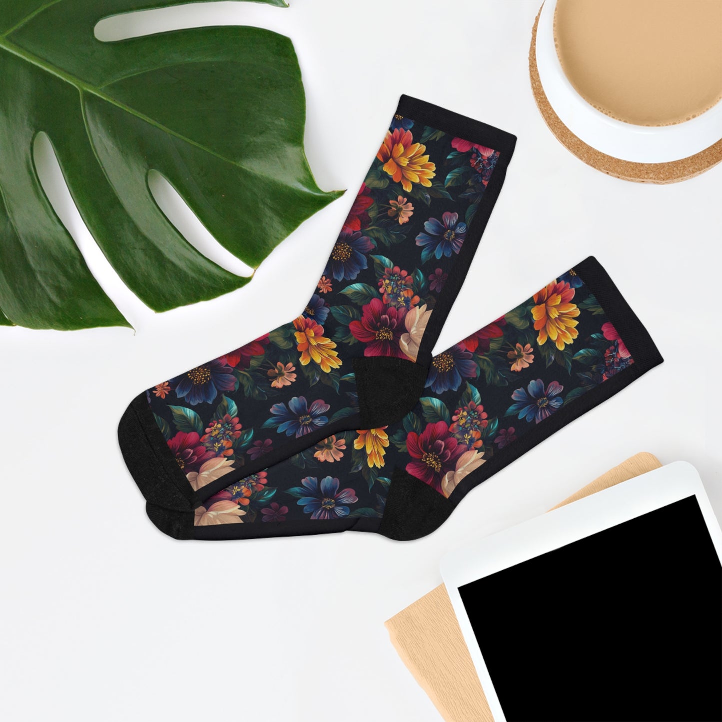 Floral Night Bloom Socks — Recycled Poly Colorful Flower Crew Socks