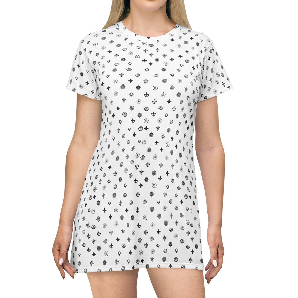 T-Shirt Dress — White Ornamental Motif All-Over Print