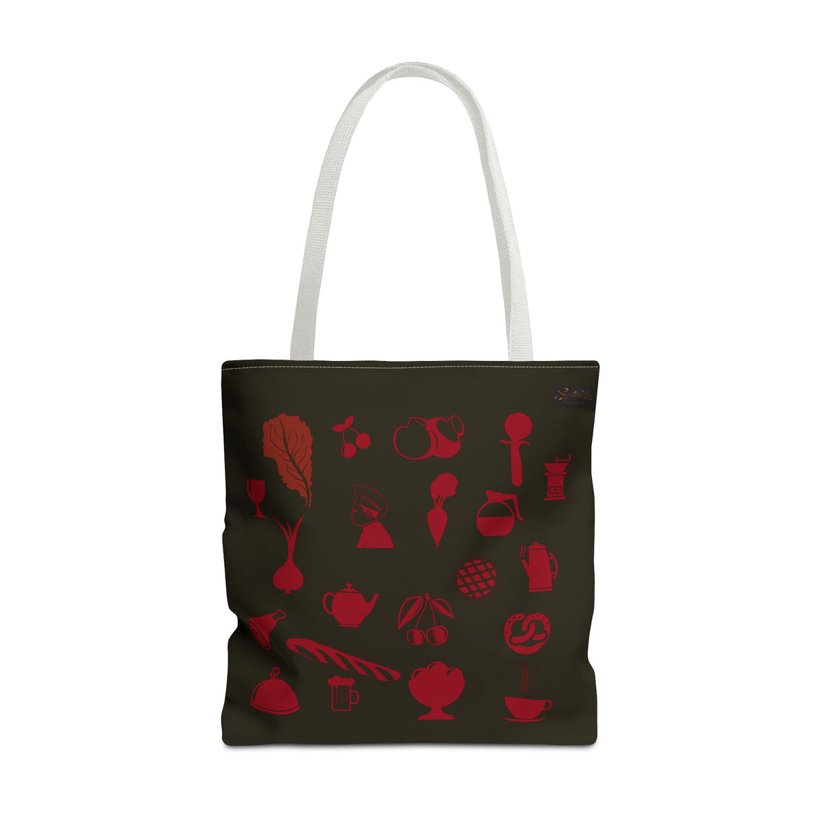 Kitchen Icons Tote Bag — Olive Green Café & Food Pattern Tote