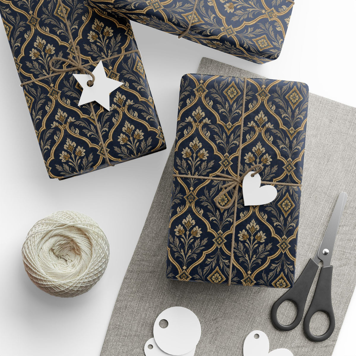 Lux Navy & Gold Damask Wrapping Paper Roll — Elegant Gift Wrap for Weddings, Anniversaries & Holidays