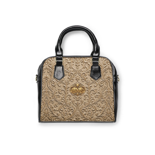 Beige UME Gold Scroll Shoulder Handbag — Faux Leather