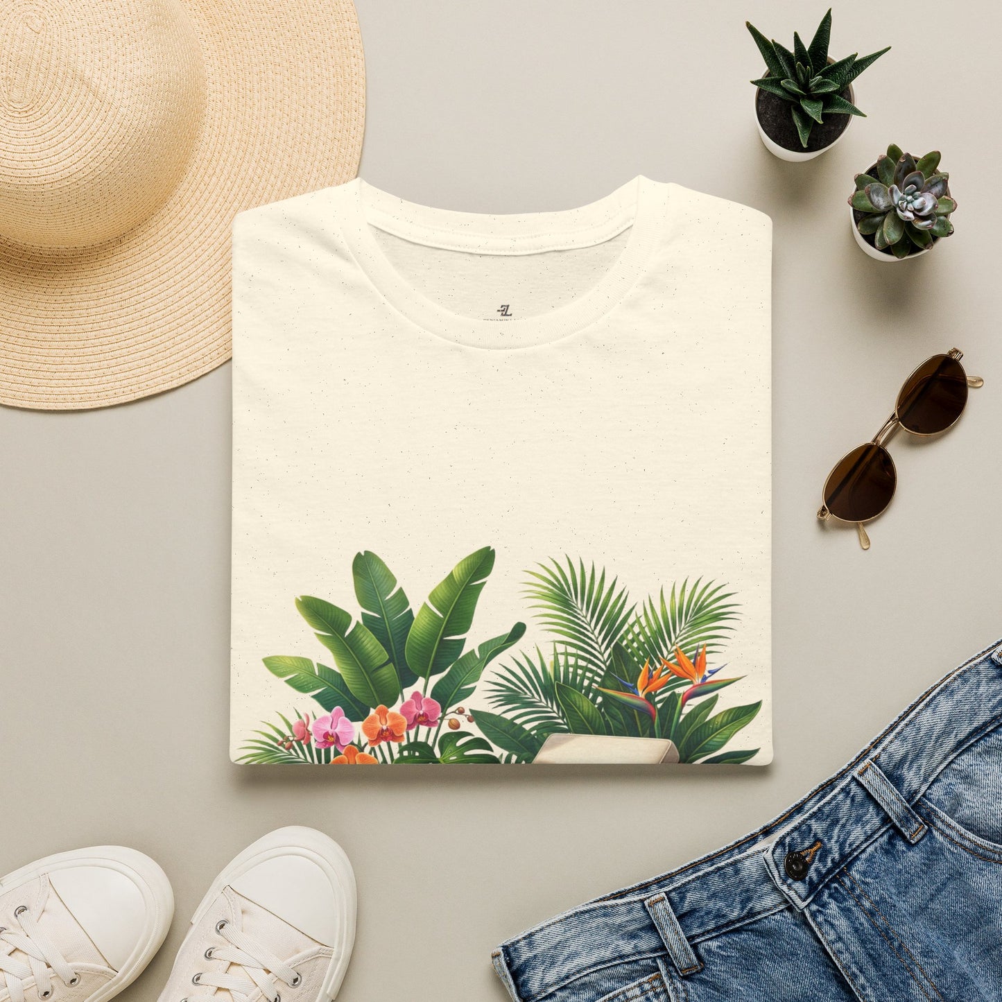 Tropical Lounge T-Shirt — Cozy Chair & Palm Floral Graphic Tee