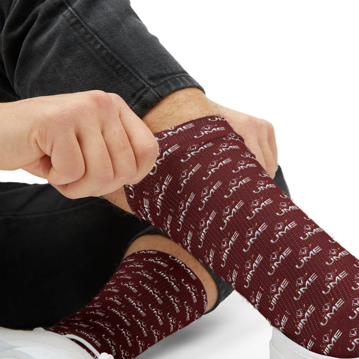 UME Monochrome Crew Socks — Burgundy All-Over Sublimation Print