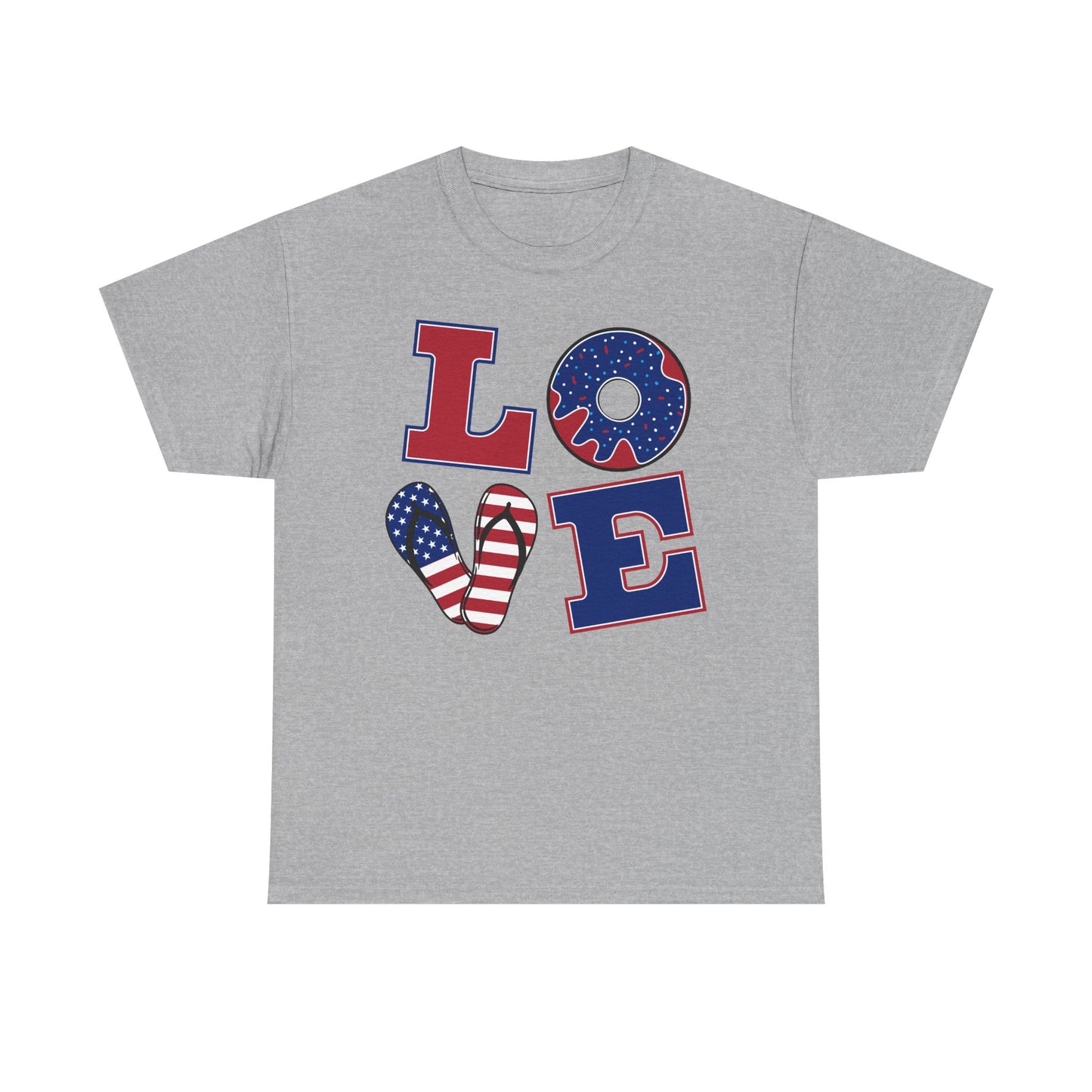 Patriotic "LOVE" Tee – American Flag Donut Heart 4th of July Shirt