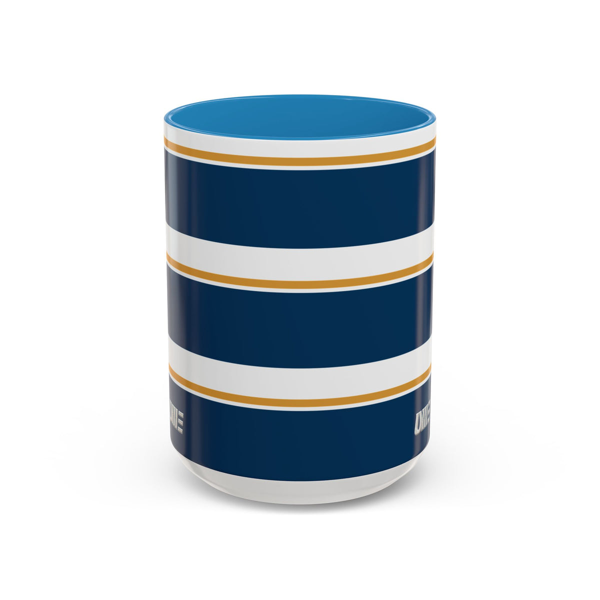 Navy and Gold Striped Accent Mug — White Ceramic